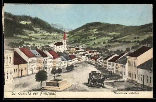 Künstler-AK St. Oswald bei Freistadt, Strassenpartie mit Kirche