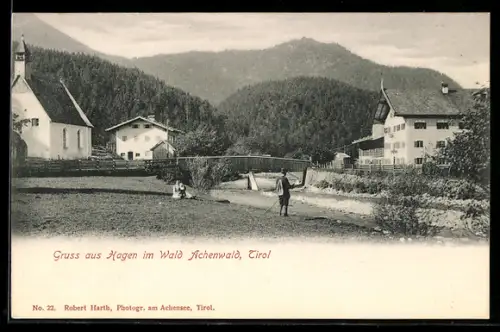 AK Hagen im Wald, Flusspartie, Achenwald im Hintergrund