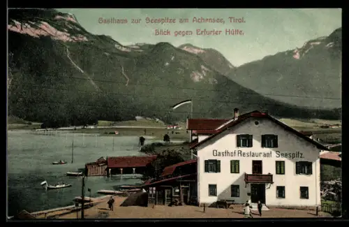 AK Seespitze am Achensee, Gasthaus mit Blick gegen Erfurter Hütte