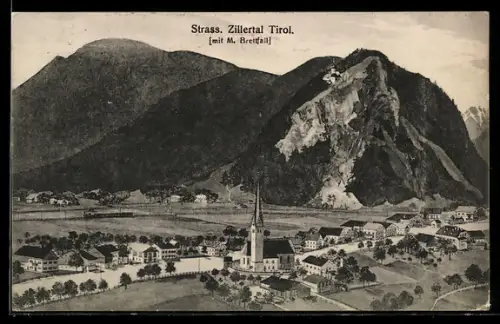 Künstler-AK Strass /Zillertal, Strassenpartie mit Kirche und M. Brettfall