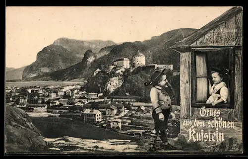 AK Kufstein, Teilansicht mit Schloss, Kinderpaar am Haus