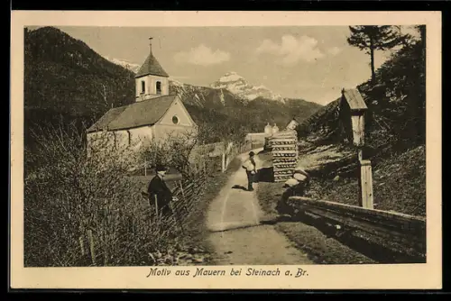 AK Steinach am Brenner, Mauern, Kirche mit Strasse, Bildstock, Bergpanorama