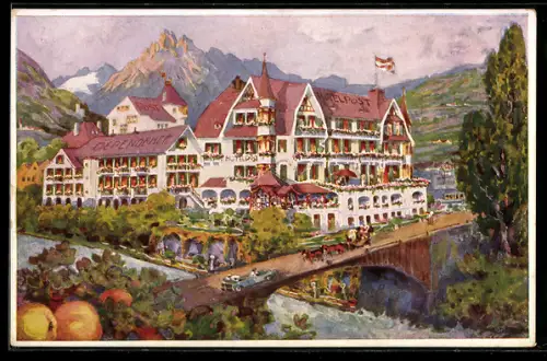 AK Landeck, Hotel Post mit Brücke und Flusspartie