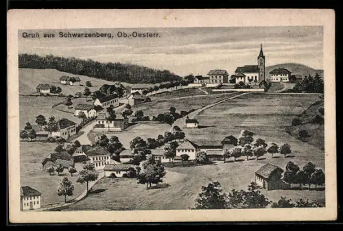 Künstler-AK Schwarzenberg /Ob.-Oesterr., Strassenpartie mit Kirche