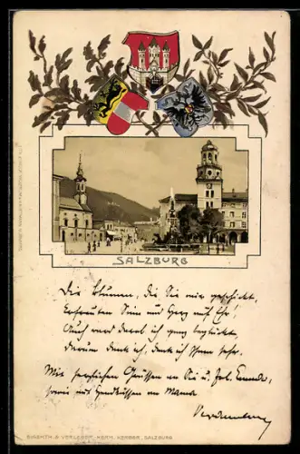 Passepartout-Lithographie Salzburg, Platzansicht mit Springbrunnen, Wappen m. Laub
