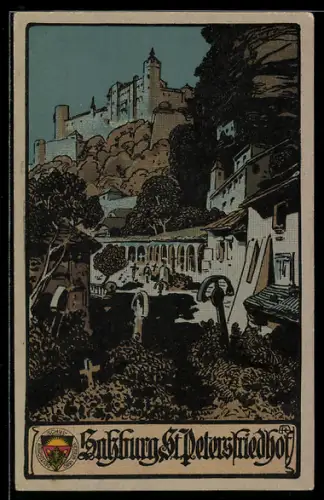Steindruck-AK Deutscher Schulverein NR.312: Salzburg, St. Petersfriedhof