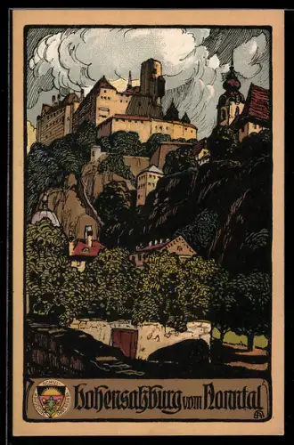 Steindruck-AK Salzburg, Blick zur Hohensalzburg, Deutscher Schulverein