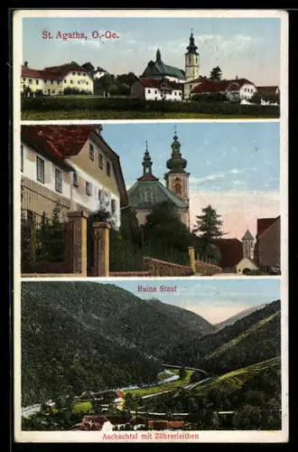 AK St. Agatha, Ruine Stauf, Kirche, Teilansicht, Aschachtal mit Zöhrerleithen