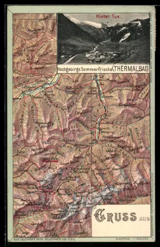 AK Hinter-Tux, Teilansicht, Landkarte mit Terfens, Ramsau und Lanersbach
