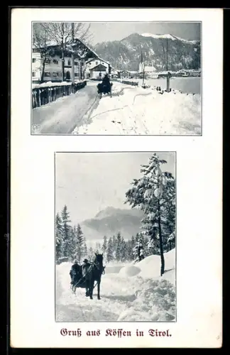 AK Kössen, Fahrt mit dem Pferdeschlitten durch den Ort, Winteransichten