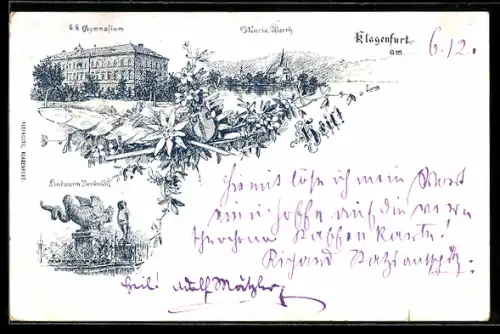 Lithographie Klagenfurt, K. k. Gymnasium, Lindenwurm-Denkmal, Maria Wörth