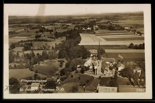 AK St. Peter /O.-Ö., Hagenau, Teilansicht mit Kirche, Fliegeraufnahme