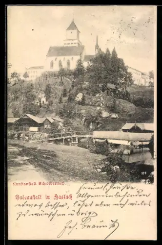 AK Haslach, Badeanstalt am Fluss, Kirche auf Anhöhe
