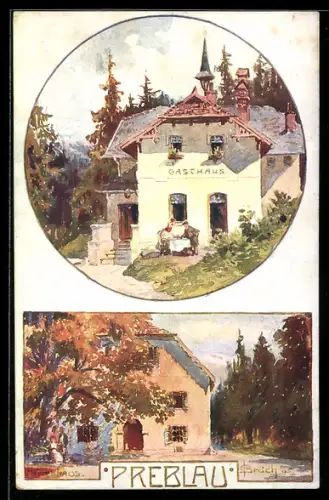 Künstler-AK Preblau, Gasthaus am Wald