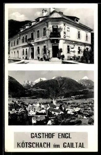 AK Kötschach im Gailtal, Gasthof Engl, Kino, Panorama mit Kirche