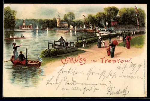 Lithographie Treptow, Uferpromenade, Gaststätte, Ausflugsschiffe, Ruderboote