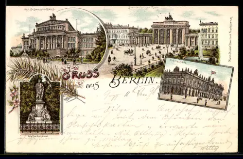 Lithographie Berlin, Brandenburger Tor, Königliches Schauspielhaus, Ruhmeshalle, Gendarmenmarkt