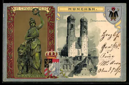 Passepartout-Lithographie München, Bavaria-Statue, Frauenkirche, Stadtwappen, Kindl