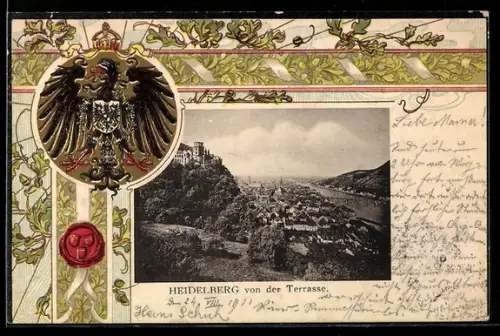 Passepartout-Lithographie Heidelberg, Ortsansicht von der Terrasse, Eichenlaub, Wappen, Siegel