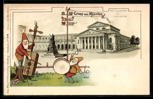 Passepartout-Lithographie München, Max-Joseph-Platz mit Hoftheater, musizierende Zwerge