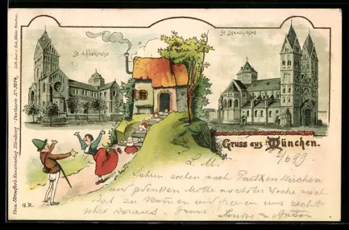 Passepartout-Lithographie München, St. Anna-Kirche, St. Benno-Kirche, Familie begrüsst heimkehrenden Vater