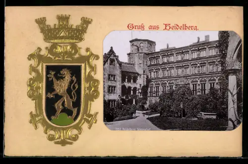 Grusskarten-AK Heidelberg, Schlossansicht, Präge-Wappen