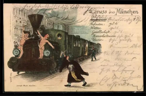 Lithographie München, Eisenbahn, Lokomotive mit Putten, Kindl, humoristische Darstellung