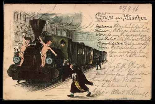 Lithographie München, Eisenbahn mit Kindl und Putten