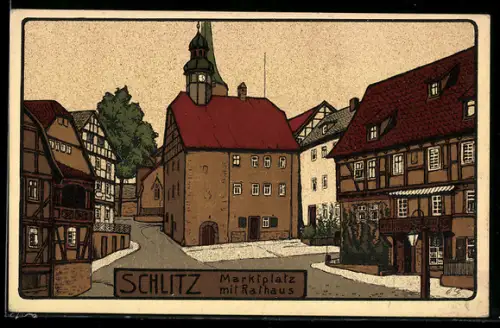 Steindruck-AK Schlitz, Marktplatz mit Rathaus