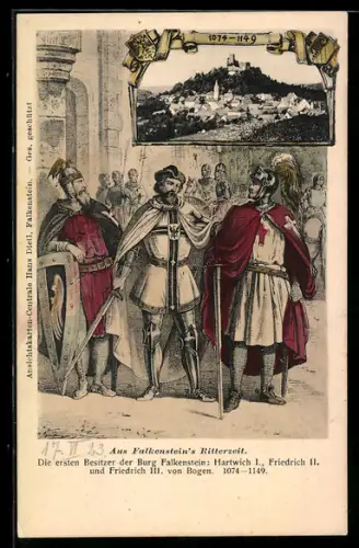 Künstler-AK Falkenstein, Burg Falkenstein mit Ort, Ritterzeit 1074-1149, Hartwich I., Friedrich II., Friedrich III.