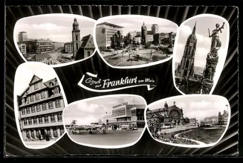 AK Frankfurt am Main, Römer, Hauptbahnhof, Flughafen, Paulskirche, Justitia-Brunnen