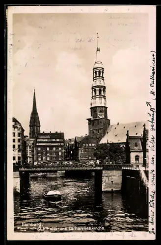 AK Hamburg, Fleet, St. Nikolai- und Catharinenkirche, Brücke