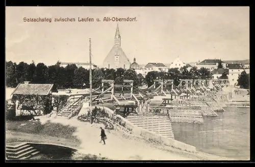 AK Laufen, Salzachsteg zwischen Laufen und Alt-Oberndorf mit Kirche