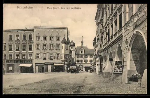 AK Rosenheim, Max Josef-Platz mit Wein-Restaurant zum Santa und Mittlertor