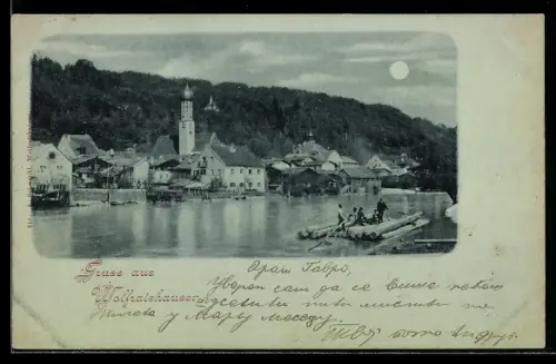 Mondschein-AK Wolfratshausen, Uferpartie mit Kirche und Flössern, Forstwirtschaft