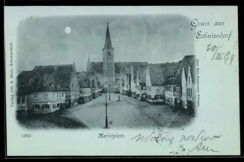 Mondschein-AK Schwandorf, Marktplatz mit Rathaus