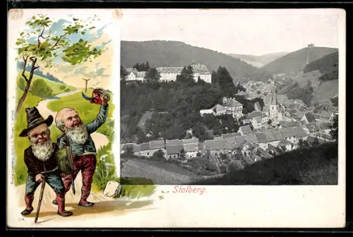 Lithographie Stolberg, Teilansicht mit Kirche, Zwei Zwerge auf Feldweg