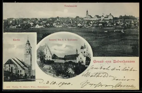 Mondschein-AK Babenhausen, Totalansicht, Inneres des f. f. Schlosses, Kirche