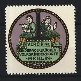 Reklamemarke Berlin, Verein für Kinder-Volksküchen, Kinder beim Lesen und Essen