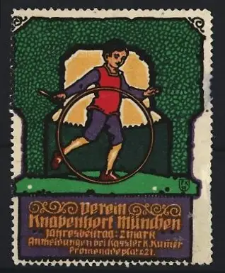 Reklamemarke München, Verein Knabenhort, Junge mit Reifen