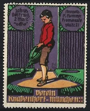 Reklamemarke München, Verein Knabenhort, Junge mit Giesskanne
