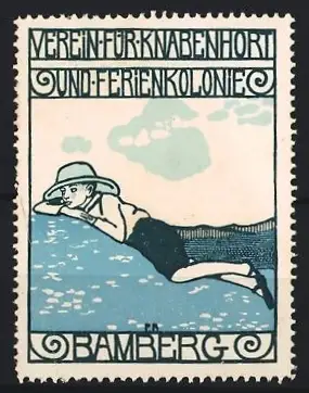 Reklamemarke Bamberg, Verein für Knabenhort und Ferienkolonie, Junge mit Sonnenhut