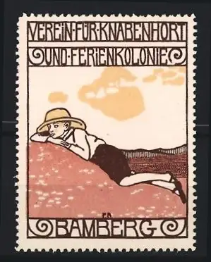 Reklamemarke Bamberg, Verein für Knabenhort und Ferienkolonie, Junge mit Strohhut