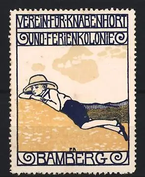 Reklamemarke Bamberg, Verein für Knabenhort und Ferienkolonie, Junge mit Sonnenhut