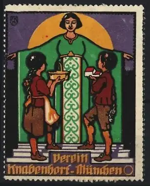Reklamemarke München, Verein Knabenhort, Kinder und Frau