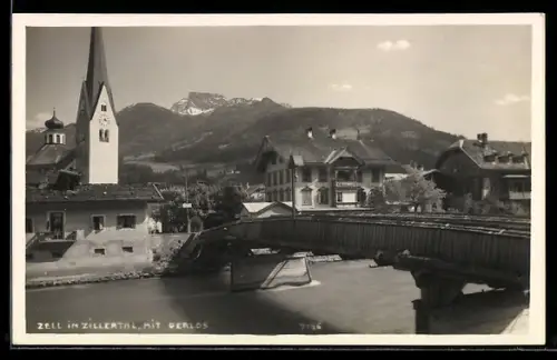 AK Zell im Zillertal, Holzbrücke, Kirche, mit Gerlos