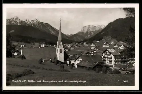 AK Seefeld i.T., Ortsansicht mit Grand Hotel Post, Ahrnspitzen und Karwendelgebirge