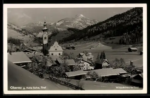 AK Oberau /Tirol, Ortsansicht mit Kirche und Hohe Salve