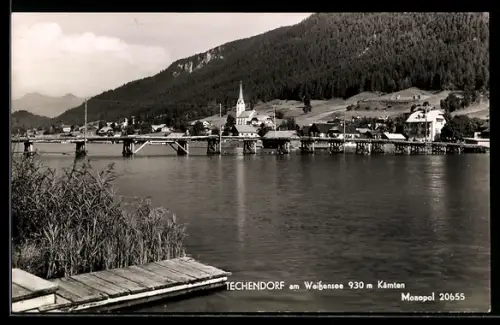 AK Techendorf am Weissensee, Panorama mit Brücke und Ort
