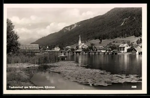 AK Techendorf am Weissensee, Ortspanorama mit Seebrücke und Kirche
